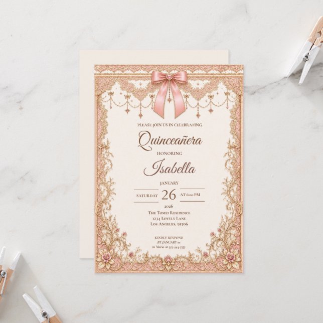 Invitación Lujo Quinceañera Rosa Dorado (Anverso/Reverso In Situ)