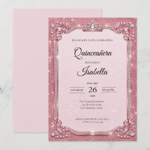 Invitación Lujo Rhinestones Brillo Rosa Quinceañera