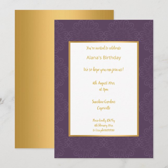 INVITACIÓN LUJO RICO PURPLE GOLD ABSTRACT CUMPLEAÑOS (Anverso / Reverso)