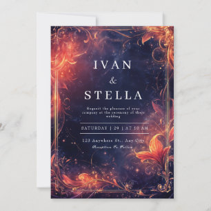 Invitación Lujo Rojo Fuego Oro Celestial Boda