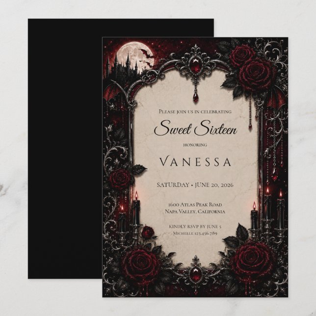 Invitación Lujo Rojo Oscuro Gótico Sweet 16 (Anverso / Reverso)