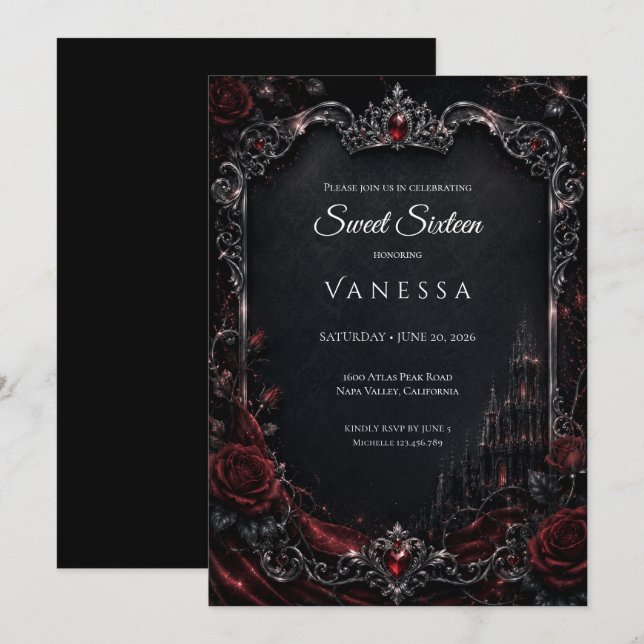 Invitación Lujo Rojo Oscuro Gótico Sweet 16 (Anverso / Reverso)