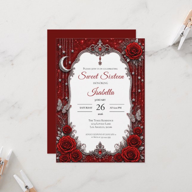 Invitación Lujo Rojo Plata Princesa Dulces 16 (Anverso/Reverso In Situ)