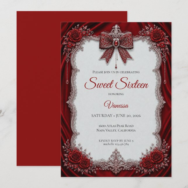 Invitación Lujo Rojo Plata Princesa Dulces 16 (Anverso / Reverso)