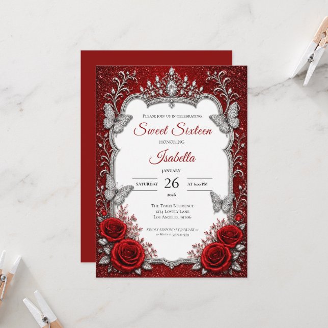 Invitación Lujo Rojo Plata Princesa Dulces 16 (Anverso/Reverso In Situ)