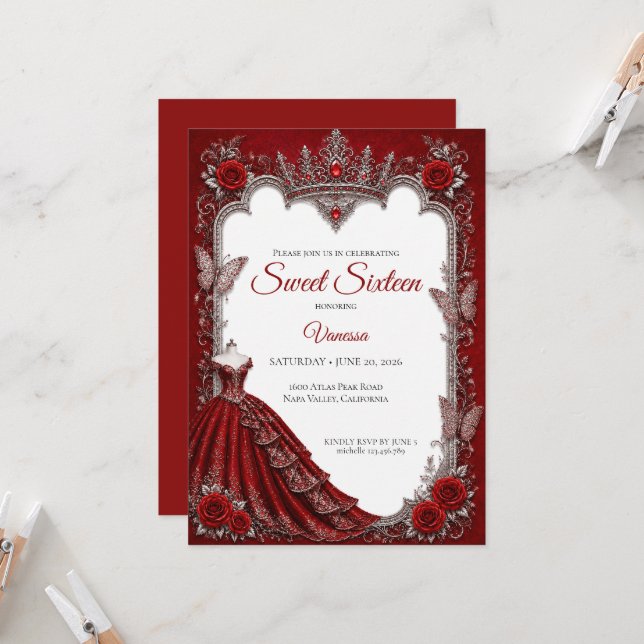 Invitación Lujo Rojo Princesa Dulces 16 (Anverso/Reverso In Situ)