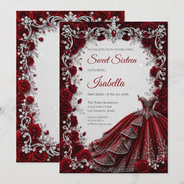 Invitación Lujo Rojo Princesa Dulces Dieciséis (Anverso / Reverso)