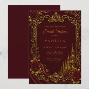 Invitación Lujo Rojo y Oro Princesa Dulces 16