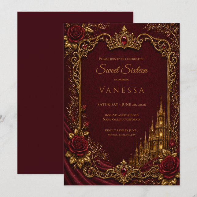 Invitación Lujo Rojo y Oro Princesa Dulces 16 (Anverso / Reverso)