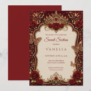 Invitación Lujo Rojo y Oro Princesa Dulces 16