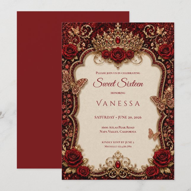 Invitación Lujo Rojo y Oro Princesa Dulces 16 (Anverso / Reverso)
