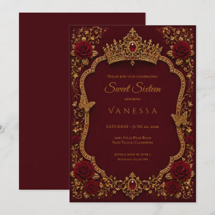 Invitación Lujo Rojo y Oro Princesa Dulces 16