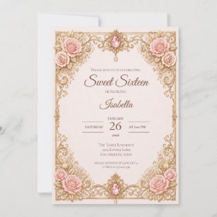 Invitación Lujo Rosa Beige Dorado Lazo de Encaje Dulces 16
