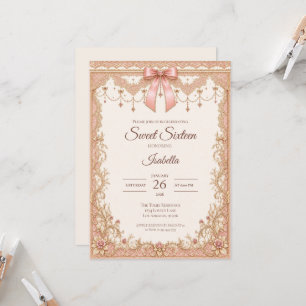 Invitación Lujo Rosa Beige Dorado Lazo de Encaje Dulces 16