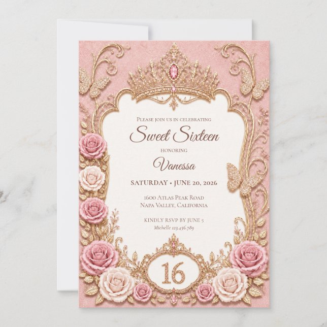 Invitación Lujo Rosa Beige Oro Princesa Cumpleaños 16 (Anverso)