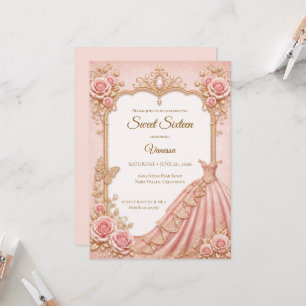Invitación Lujo Rosa Beige Oro Princesa Dulces 16
