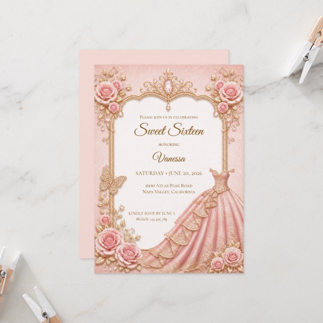 Invitación Lujo Rosa Beige Oro Princesa Dulces 16 (Anverso/Reverso In Situ)