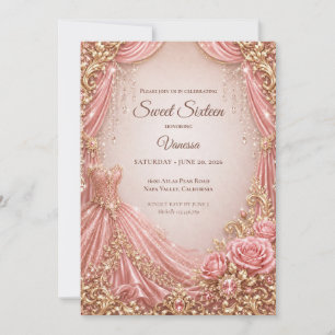 Invitación Lujo Rosa Beige Oro Princesa Dulces 16