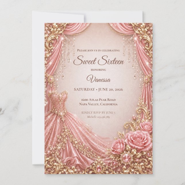 Invitación Lujo Rosa Beige Oro Princesa Dulces 16 (Anverso)