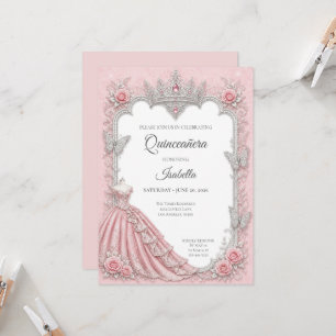 Invitación Lujo Rosa Beige Princesa Quinceañera Plata