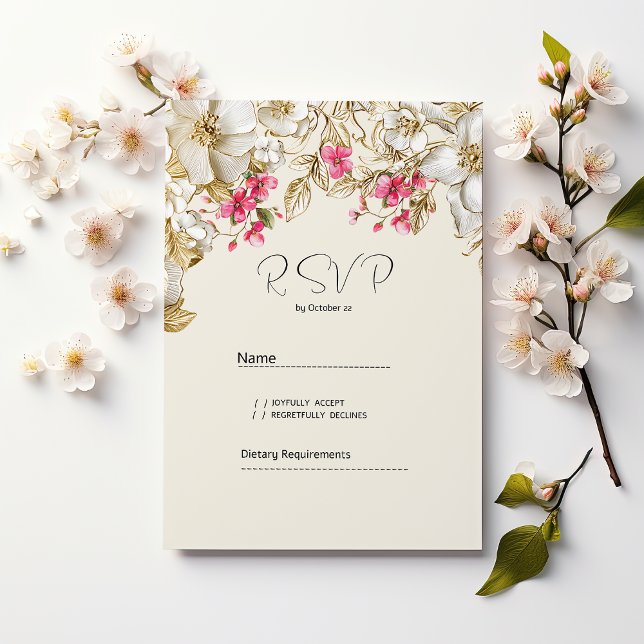 Invitación Lujo rosa marfil blanco flores RSVP  (Luxury ivory pink white gold flowers RSVP)