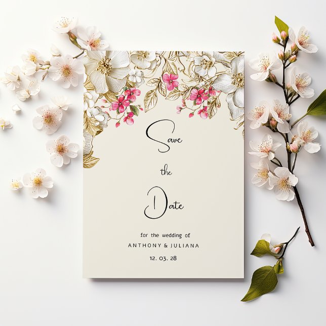 Invitación Lujo rosa marfil oro blanco flores Save the Date (Luxury ivory pink white gold flowers Save the Date)