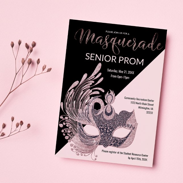 Invitación Lujo rosa negro brillo Mascarada Promoción  (Luxury pink black silver glitter Masquerade Prom )