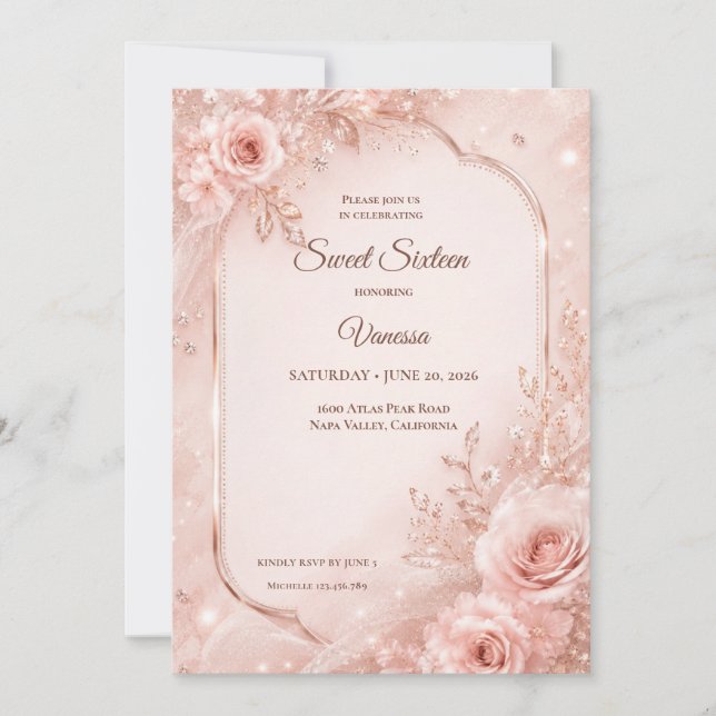 Invitación Lujo Rosa Rubor Oro Floral Dulces 16 (Anverso)