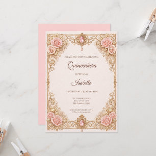 Invitación Lujo Rosa Rubor Oro Princesa Quinceañera