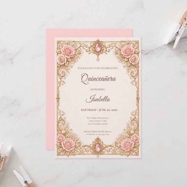 Invitación Lujo Rosa Rubor Oro Princesa Quinceañera (Anverso/Reverso In Situ)