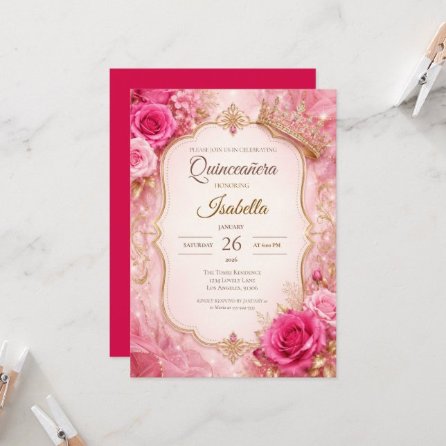 Invitación Lujo Rosa Rubor Oro Princesa Quinceañera (Anverso/Reverso In Situ)