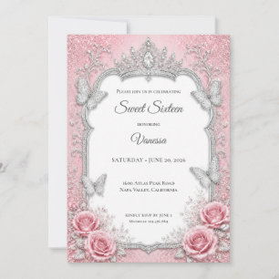 Invitación Lujo Rosa Rubor Plata Princesa Dulces 16