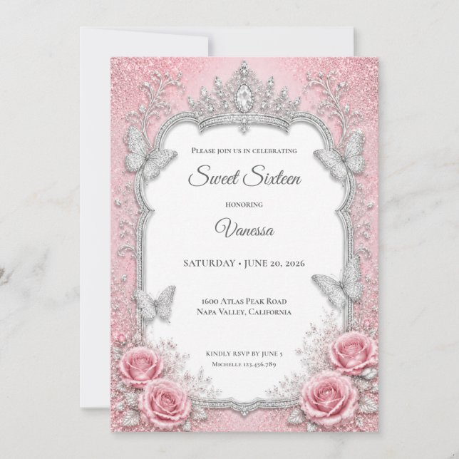 Invitación Lujo Rosa Rubor Plata Princesa Dulces 16 (Anverso)