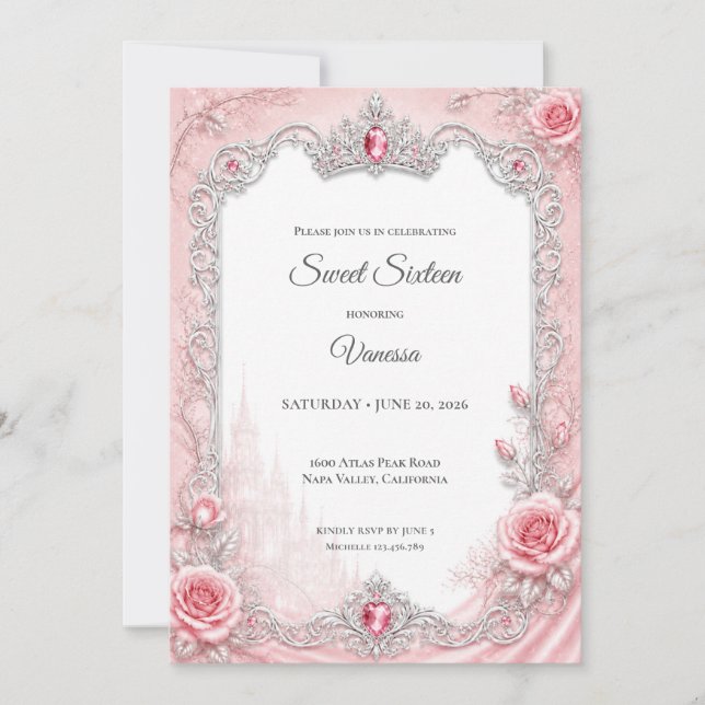 Invitación Lujo Rosa Rubor Plata Princesa Dulces 16 (Anverso)