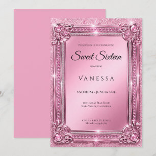Invitación Lujo Rosado Brillo De Rhinestones Dulce 16