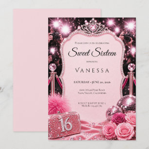 Invitación Lujo Rosado Brillo De Rhinestones Dulce 16