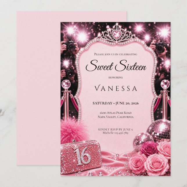 Invitación Lujo Rosado Brillo De Rhinestones Dulce 16 (Anverso / Reverso)