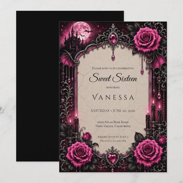 Invitación Lujo Rosado Brillo De Rhinestones Dulce 16 (Anverso / Reverso)