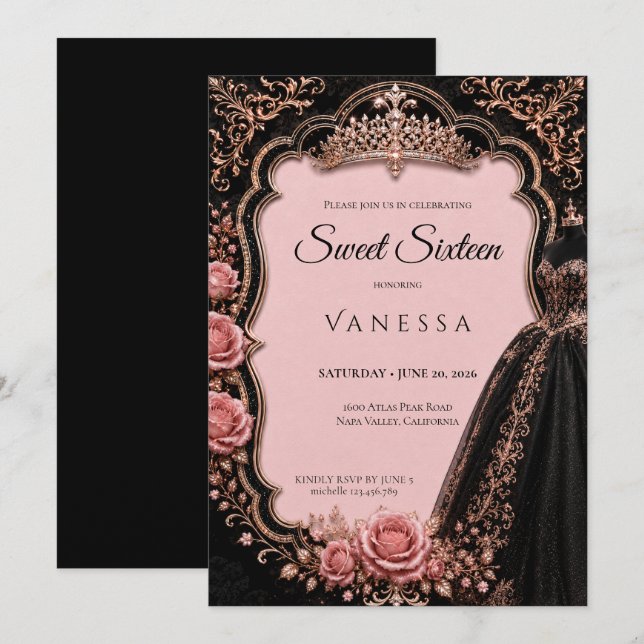 Invitación Lujo Rosado Brillo De Rhinestones Dulce 16 (Anverso / Reverso)