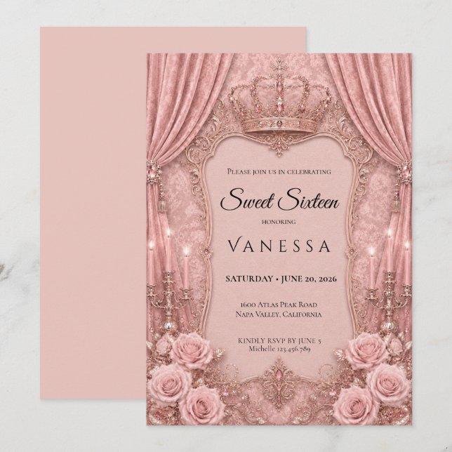 Invitación Lujo Rosado Brillo De Rhinestones Dulce 16 (Anverso / Reverso)