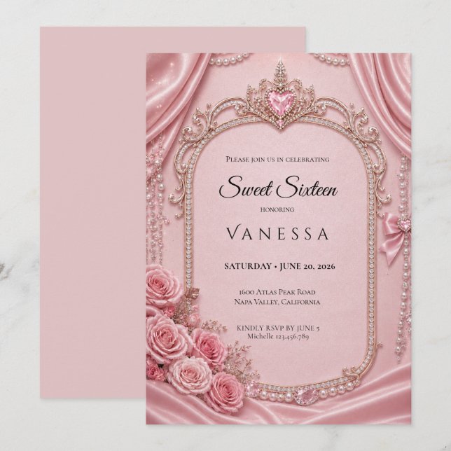 Invitación Lujo Rosado Brillo De Rhinestones Dulce 16 (Anverso / Reverso)