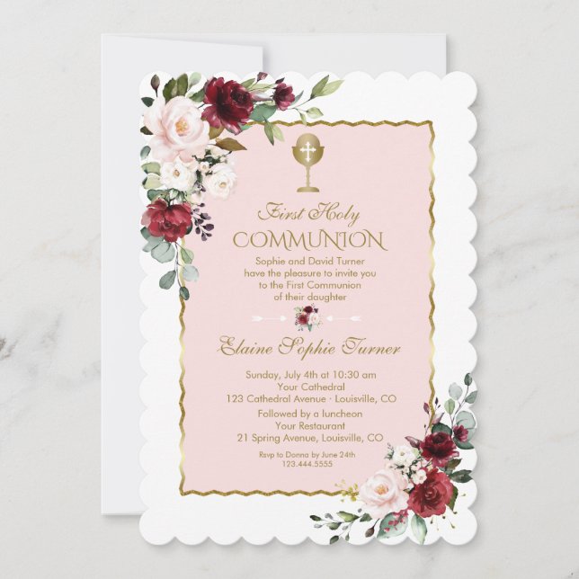 Invitación Lujo Rubor Burgundy Floral Gold Santa Comunión (Anverso)