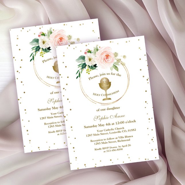 Invitación Lujo Rubor Flores Gold Frame Comunión Santa (Subido por el creador)