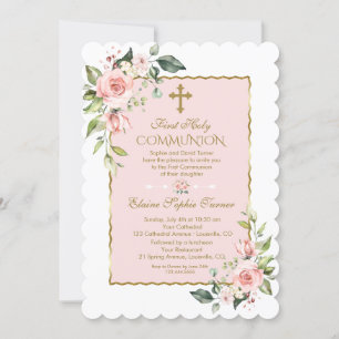 Invitación Lujo Rubor Flores Oro Primera Santa Comunión