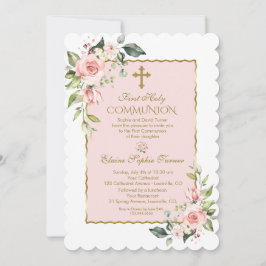 Invitación Lujo Rubor Pink Floral Gold First Holy Communia