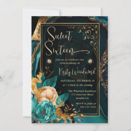 Invitación Lujo Teal y Floral Agata Dorada Cumple Dulces Diec