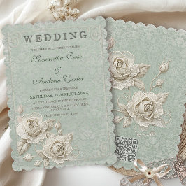 Invitación Lujo Tranquilo Encaje Verde Salvia Marfil Vintage