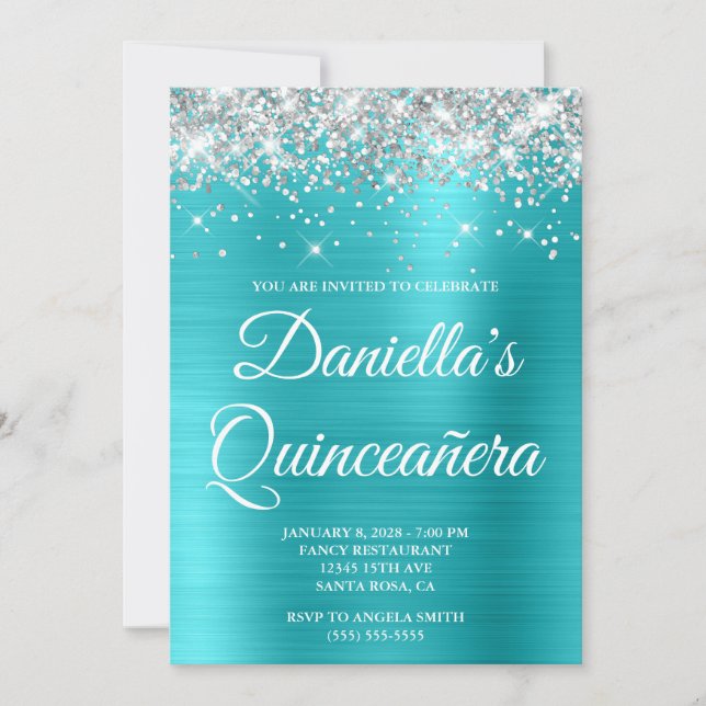 Invitación Lujo Turquesa Azul Plateado Cumpleaños Quinceañera (Anverso)