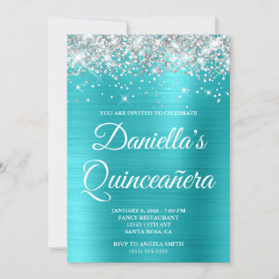 Invitación Lujo Turquesa Azul Plateado Cumpleaños Quinceañera