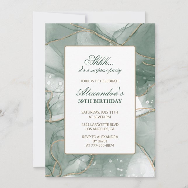 Invitación Lujo Verde Dorado Chic Sorpresa Cumpleaños 39 (Anverso)